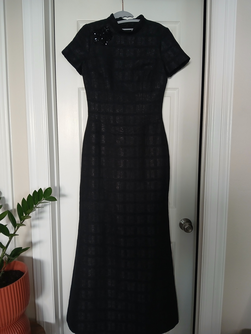 Black Short-Sleeve Maxi Dress with Sequin Detail